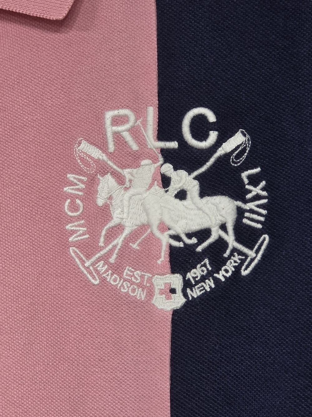 Ralph Lauren Embroidered Crest Pink & Navy Colorblock Polo Shirt Size Large 90s - Picture 8 of 14